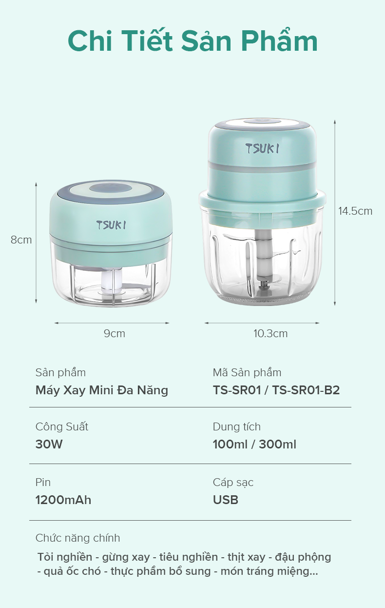 Máy xay mini đa năng TSUKI SR01-B2 cối thủy tinh, 3 lưỡi dao - Xay gia vị, đồ ăn dặm cho bé-Hàng chính hãng