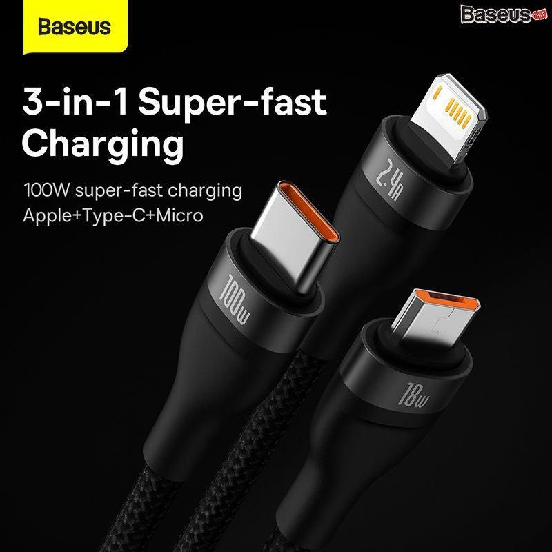 Cáp Sạc Nhanh Đa Năng 3 in 1 Baseus Flash Series Ⅱ One-for-three Fast Charging Cable Type-C/USB to M+L+C 100W  Hàng chính Hãng