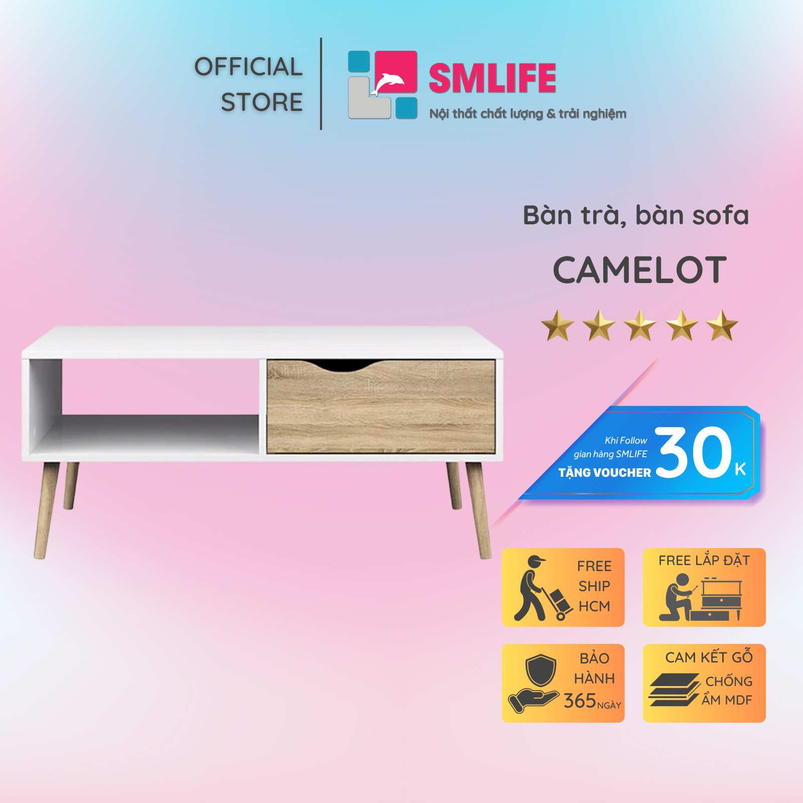 Bàn trà gỗ hiện đại SMLIFE Camelot | Gỗ MDF dày 17mm chống ẩm | D80xR40xC45cm