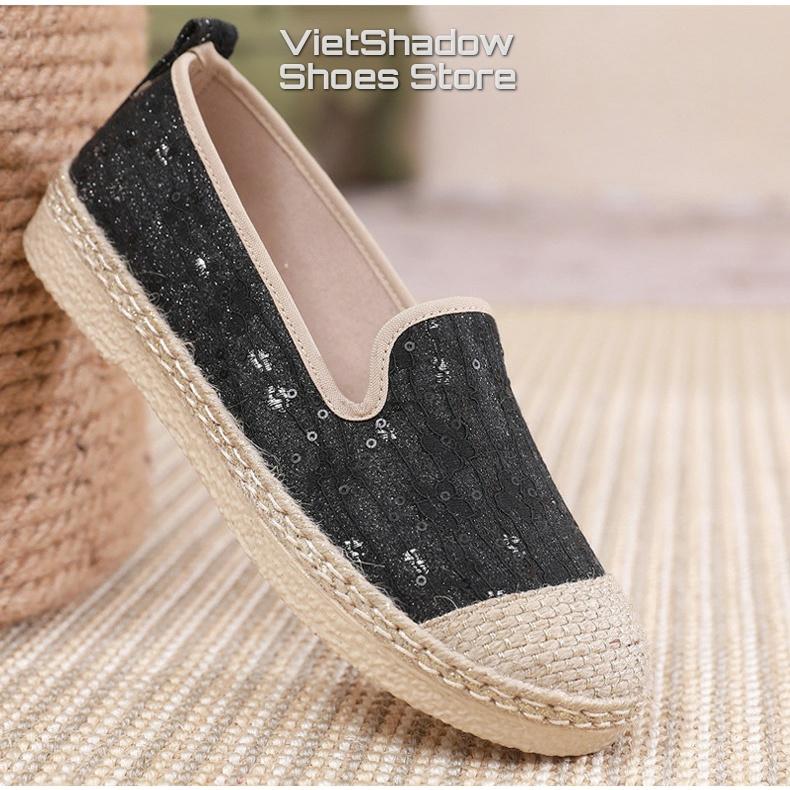 Slip on giày lười vải nữ chất liệu vải ren đính kim sa mũi và viền bo cói siêu đẹp và cá tính - Mã SP C06