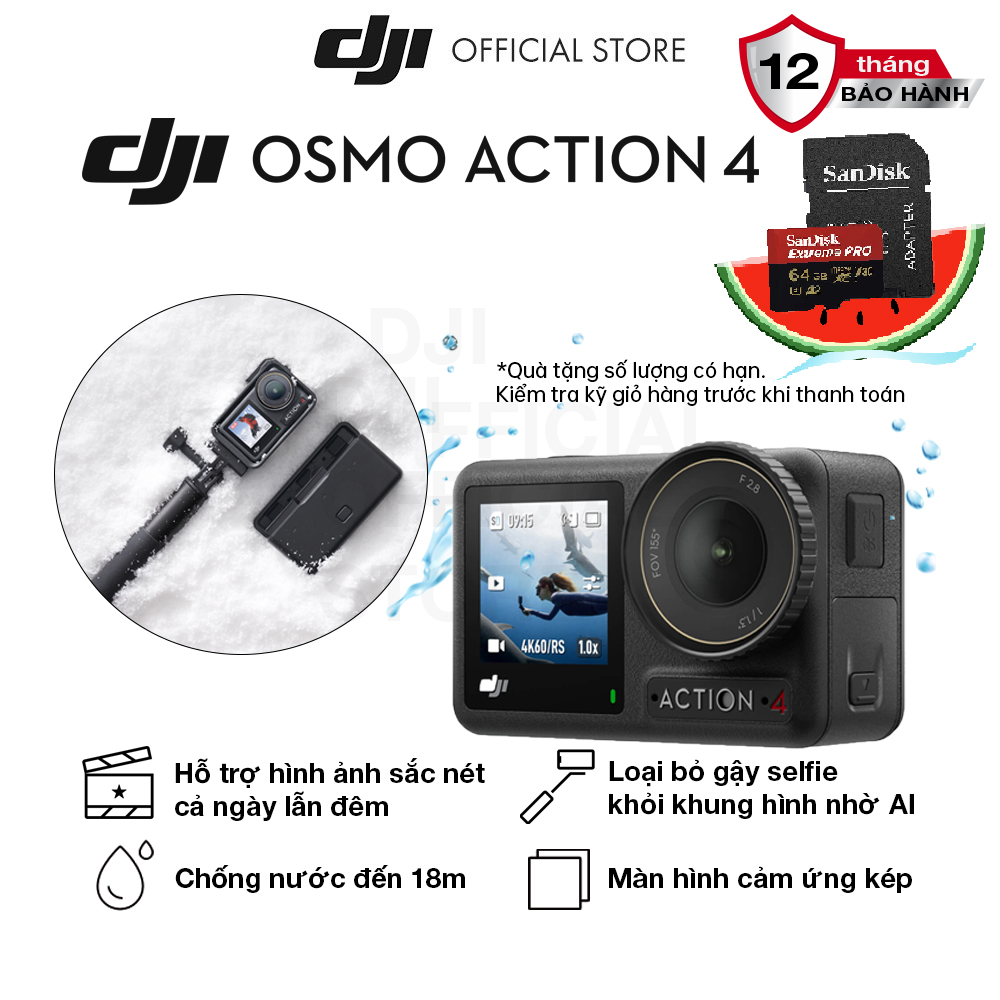Camera hành động DJI Osmo Action 4 máy quay hành trình 4K 120fps, góc siêu rộng, hoạt động tốt nhiệt độ thấp (DJI OA 4) - Hàng chính hãng