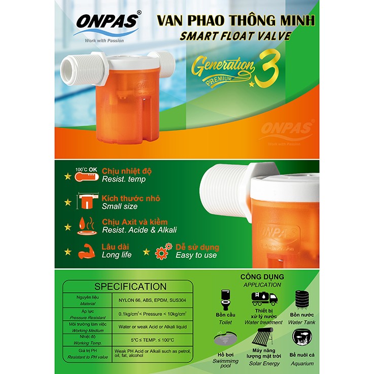 Van Phao Cơ Thông Minh Chống Tràn ONPAS Thế Hệ Mới, Tự Ngắt Nước Phi 21mm, 27mm