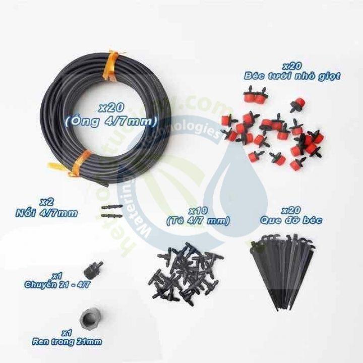 Bộ 20 béc tưới nhỏ giọt điều chỉnh được kèm đầy đủ phụ kiện sử dụng ống pe 6mm