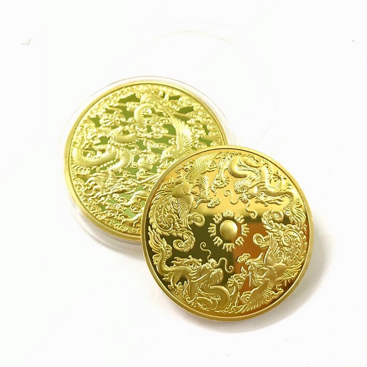 Xu Long Phụng vàng, chất liệu Niken, dùng để trưng bày trong nhà, làm quà tặng ý nghĩa, giúp mang lại may mắn, tài lộc - ECOINS