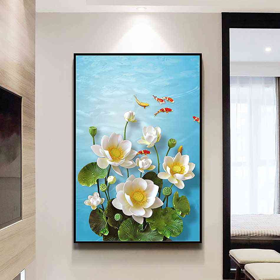 Tranh đơn canvas treo tường Decor Họa tiết hoa sen trắng dịu dàng giữa đàn cá bơi lội - DC165