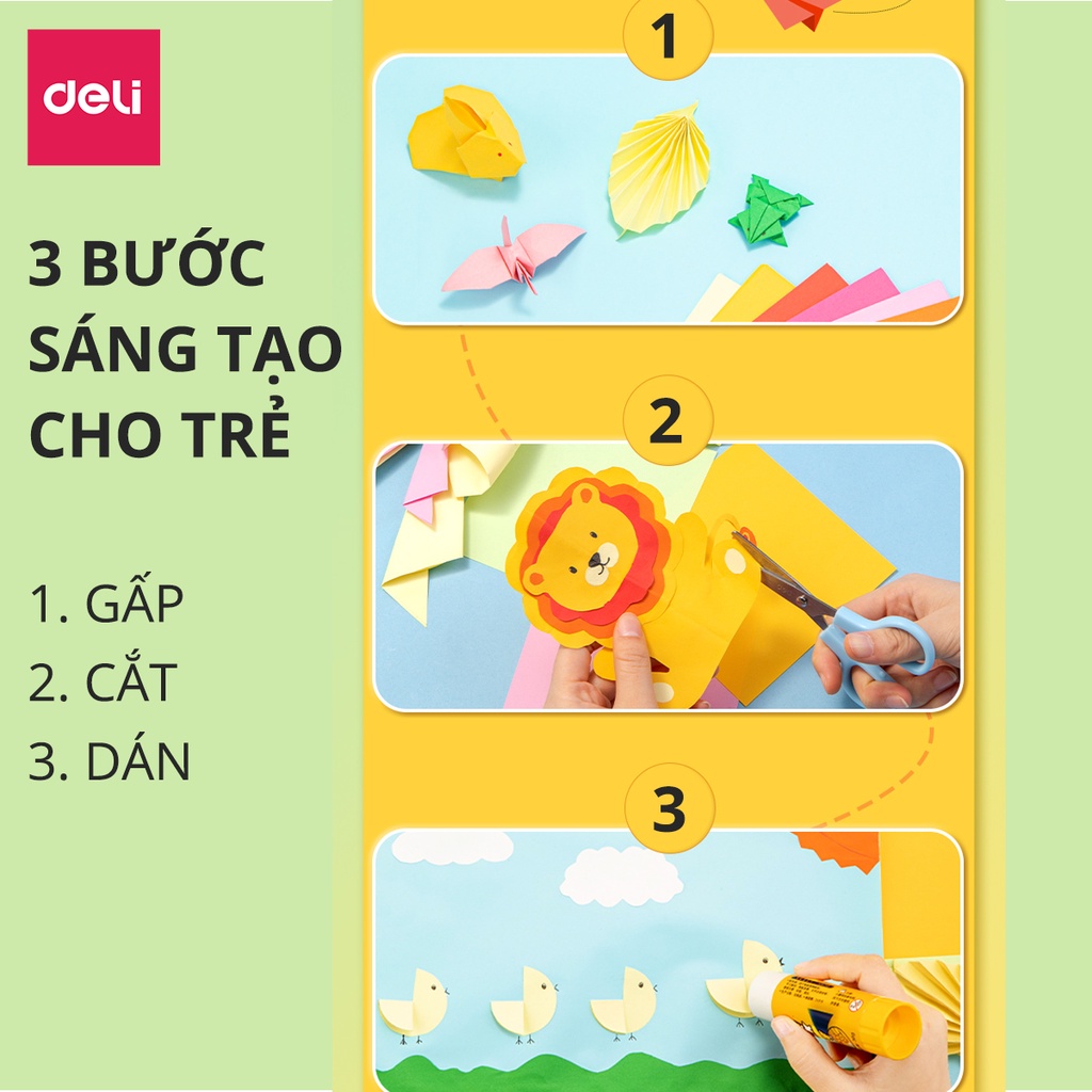 Giấy Thủ Công 100 Tờ Học Sinh Nhiều Kích Cỡ Deli - Giấy Gấp Origami, Giấy Gấp Hạc Hoa Động Vật - Đồ Chơi Giáo Dục Khéo Tay Cho Bé - 83631 / 83632 / 83633 / 83634