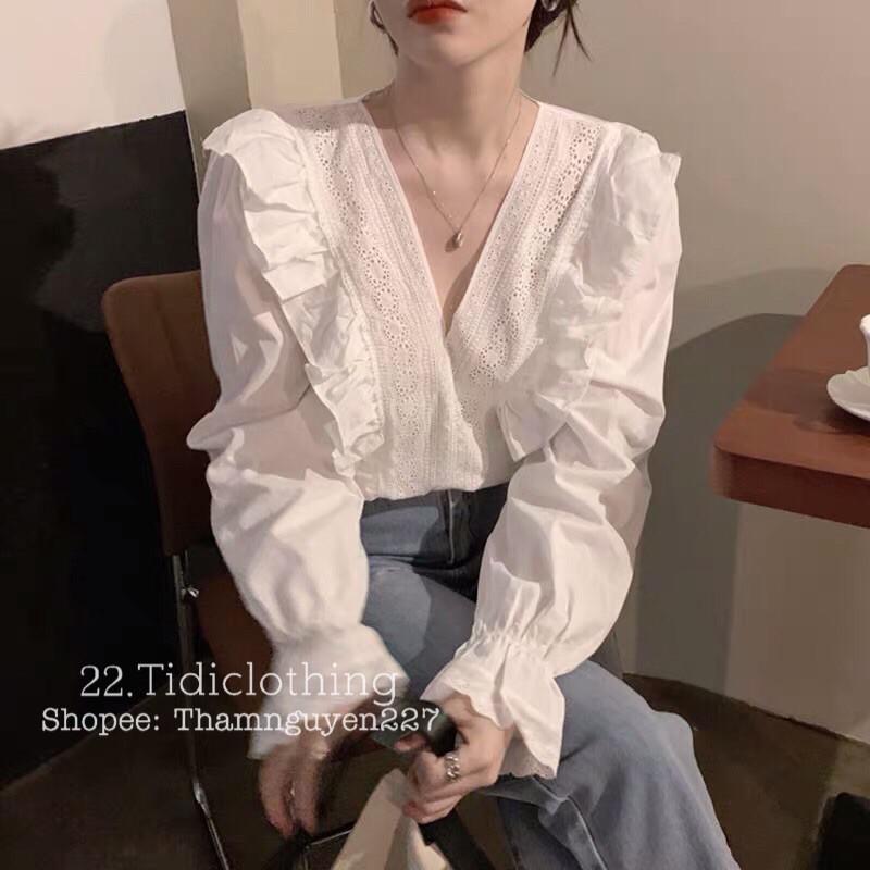 Áo sơ mi cổ V phối ren Hàn Quốc _ sơ mi ulzzang tay dài chất đẹp
