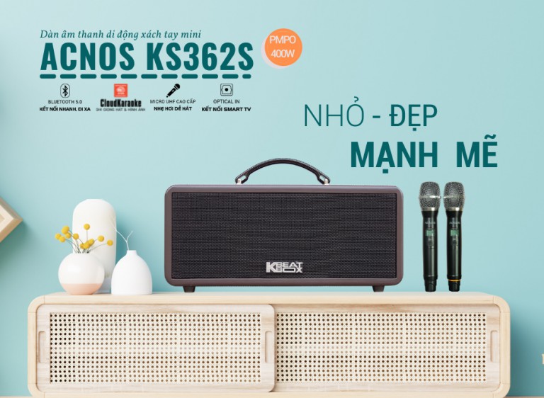 Dàn âm thanh di động ACNOS KS362S - Có vang số, hiệu chỉnh dễ dàng qua ứng dụng ECHO ACNOS - Hệ thống loa sub 5 inch, 2 loa bass 3 inch và 2 loa treble - Công suất đến 400W - Kết nối bluetooth 5.0, cổng quang (Optical) - Kèm 2 micro UHF - Hàng chính hãng