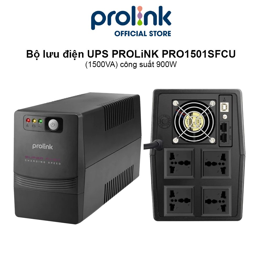 Bộ lưu điện UPS PROLiNK PRO1501SFCU công suất 900W, tích hợp bộ AVR, sạc siêu nhanh, dùng cho PC, Camera, Wifi - Hàng chính hãng