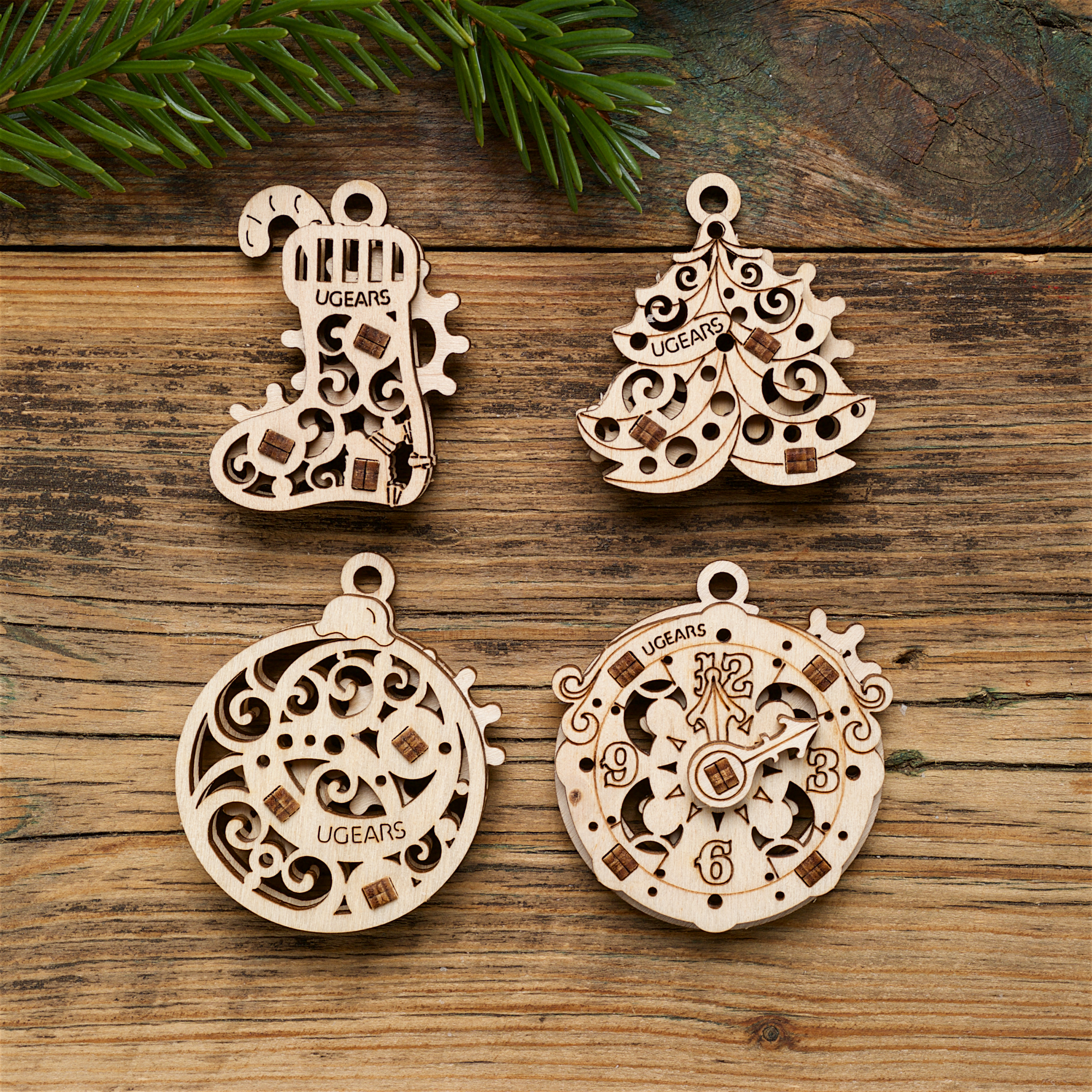 Mô Hình Gỗ Cơ Khí - U-Fidgets-Happy new Gears- Mẫu Trang trí năm mới, sản phẩm chính hãng Ugears, nhập khẩu nguyên bộ từ EU, Fidget, DYI
