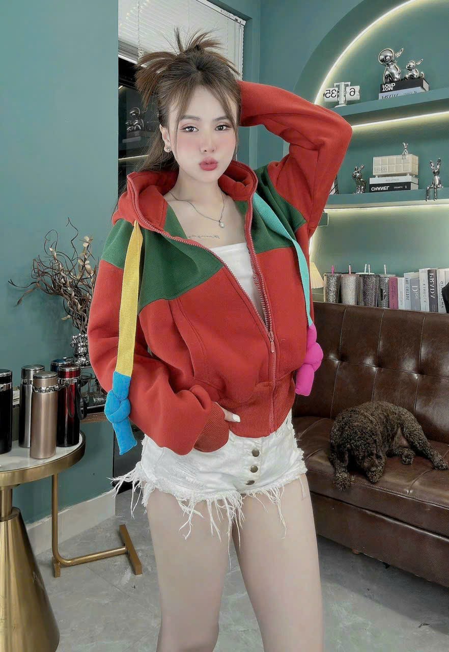 Áo khoác nỉ phối màu - dây to - nón rộng thời trang đi chơi - đi học - đi làm - dạo phố, Áo Khoác Nỉ Phối Màu Dây Bản Lớn Nón To Rộng Nỉ Siêu Dày Dặn Mềm Mịn , Mặc Chống Nắng
