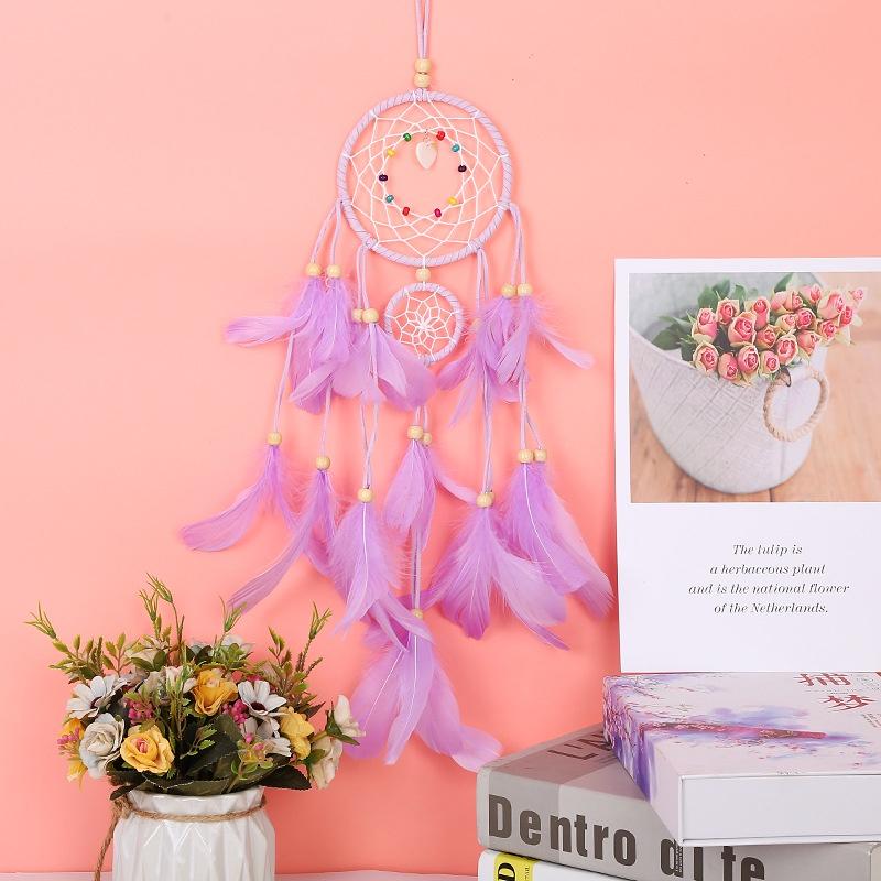 Dreamcatcher Đính Lông Vũ Có Đèn Led Màu Pastel/ Trắng/ Xanh/ Tím/ Hồng Treo Tường Trang Trí Phòng Ngủ Tặng Kèm Móc Dán