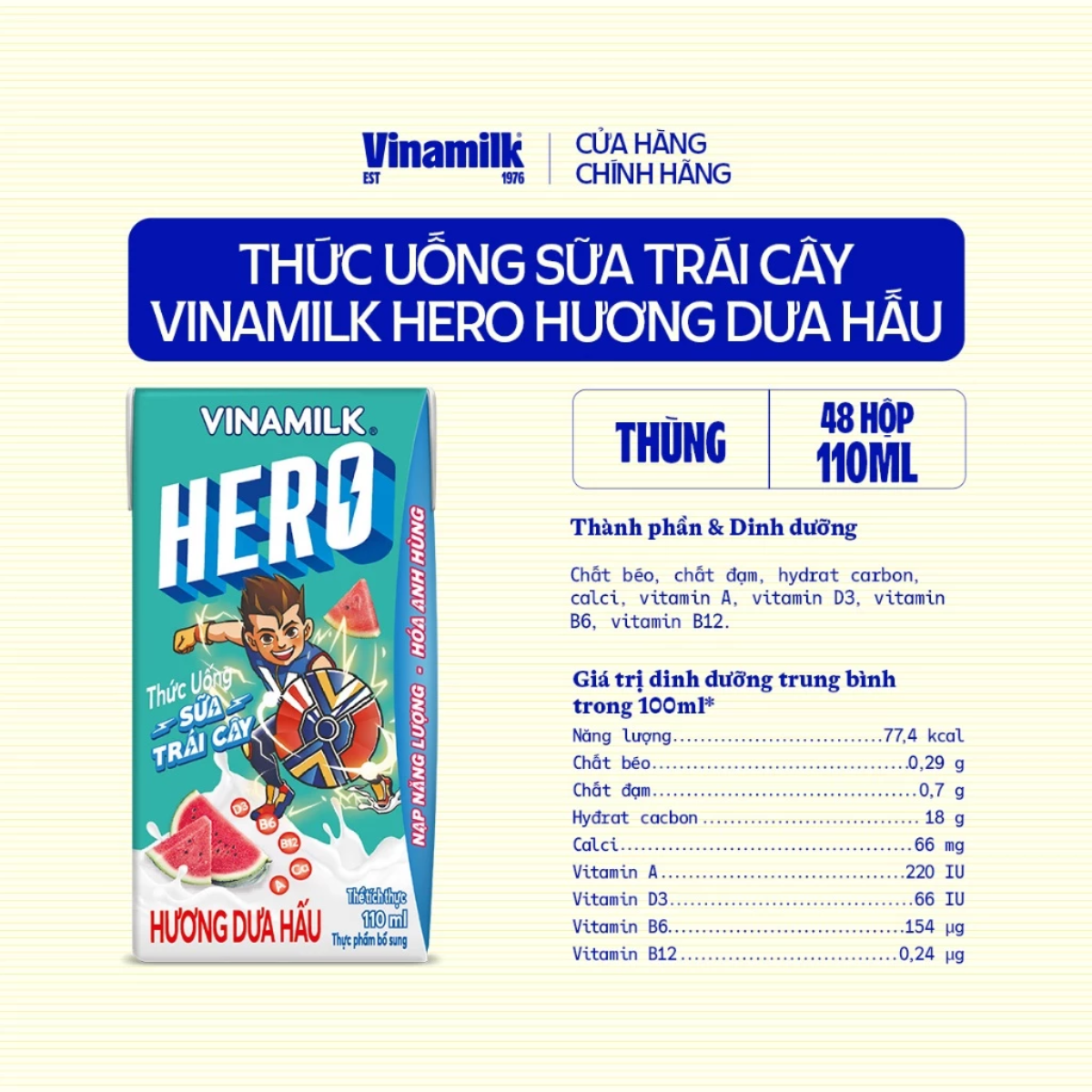 Thùng 48 hộp thức uống sữa trái cây vị dưa hấu Vinamilk Hero 110ml