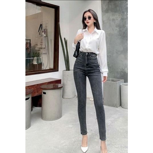 Quần Jeans Nữ Baggy Khói Xước Thêu Túi Cạp Cao