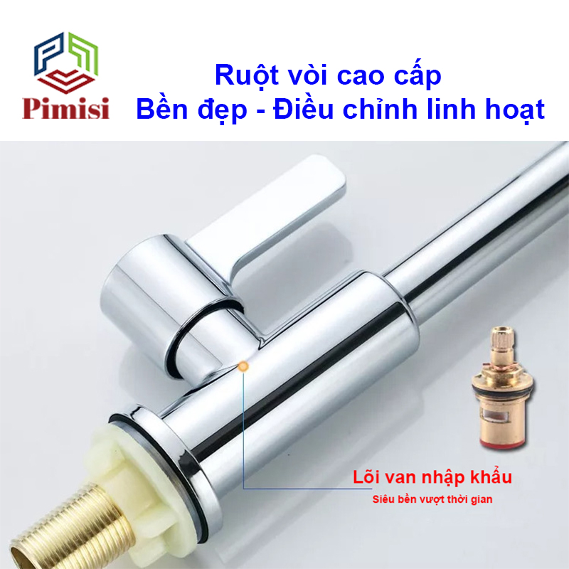 Vòi Rửa Chén Lạnh 1 Đường Nước INOX 304 Pimisi Cao Cấp Mạ Xi Cr/Ni Sáng Bóng Cổ Xoay Bi Cấp Nước Cho Chậu Rửa Bát 1-2-3 Hố Trong Nhà Bếp Gắn Chậu Âm - Dương Bàn Đá Quay 360 Tăng Áp Kiểu Đơn Cổ Ngỗng Cần Cứng - Thân - Để To | Hàng chính hãng