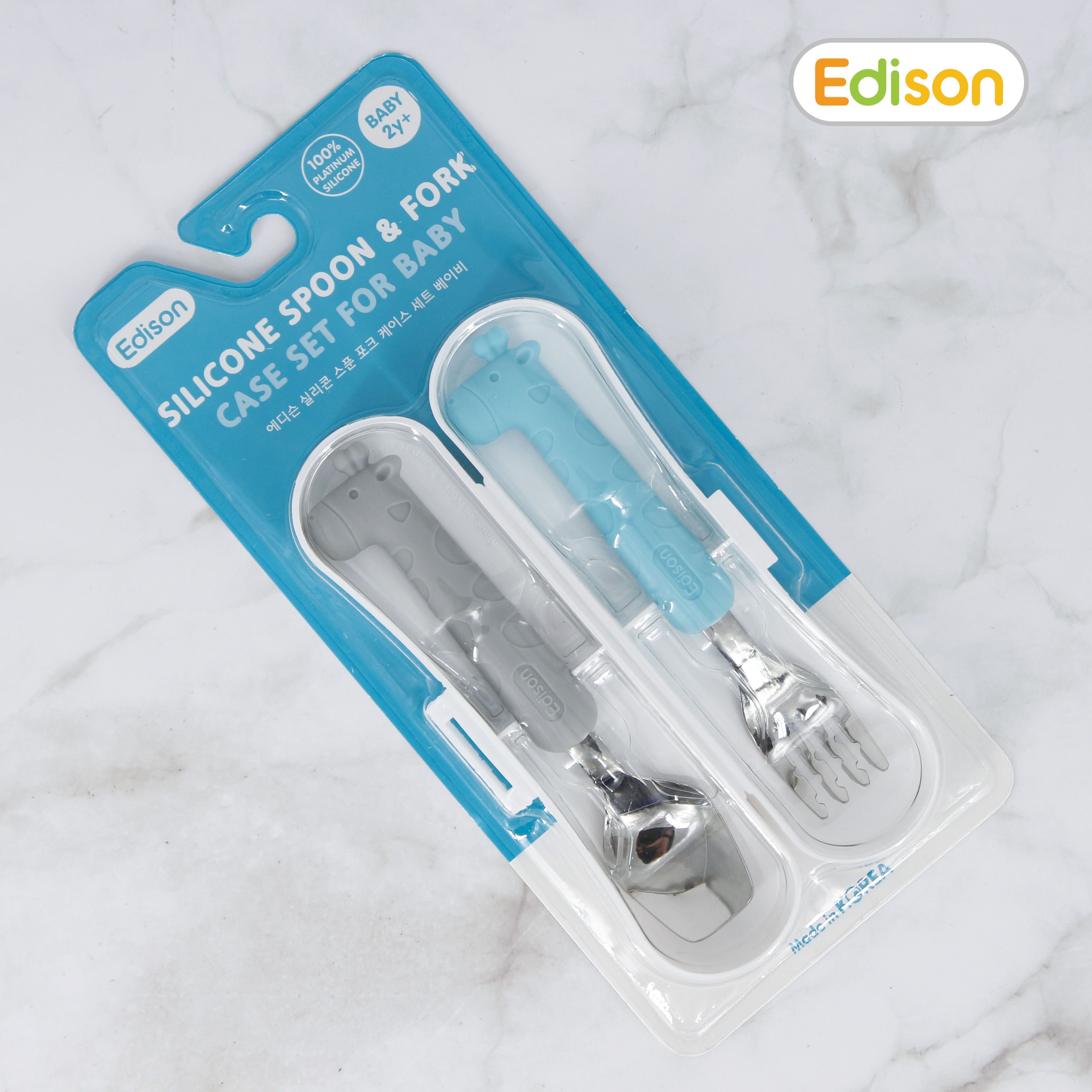 Bộ thìa dĩa cho bé tập ăn chất liệu inox bọc Silicon Edison Hàn Quốc dành cho bé từ 18 tháng tuổi 5325