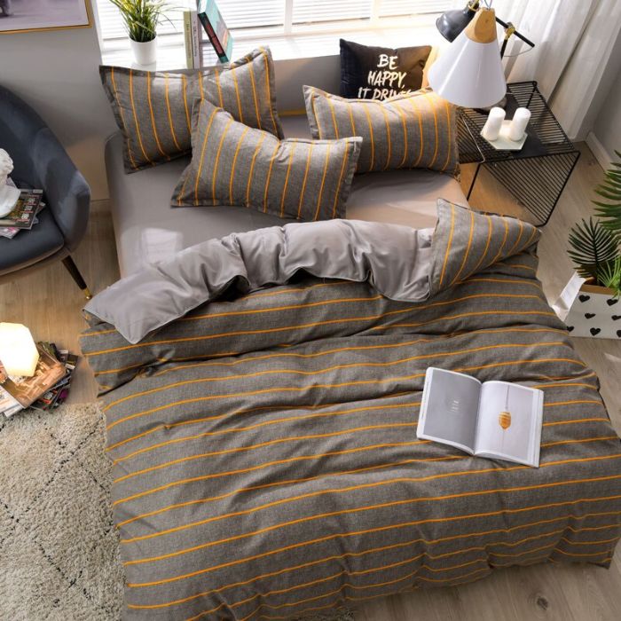 Bộ chăn ga gối Cotton cao cấp 1m6x2m sọc ngang vàng THC157