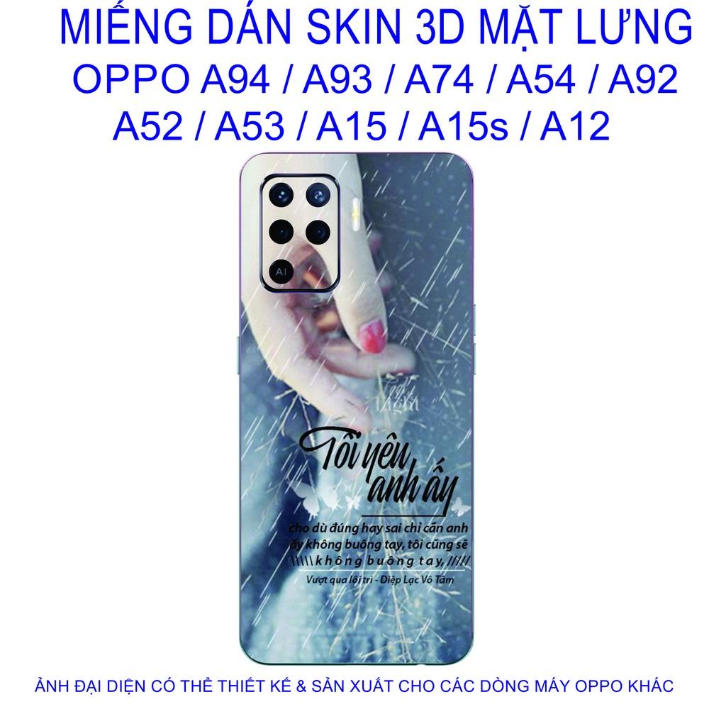 Miếng Dán Skin 3D mặt lưng dành cho OPPO A94 / A93 / A74 / A54 / A92 / A52 / A53 / A15 / A15s / A12 chống trầy xước......