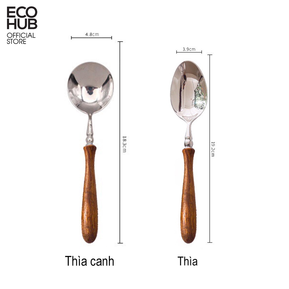 Bộ dao muỗng nĩa inox Cao Cấp, cán gỗ ECOHUB màu bạc sang trọng, Sử dụng cho nhà hàng cao cấp / cá nhân