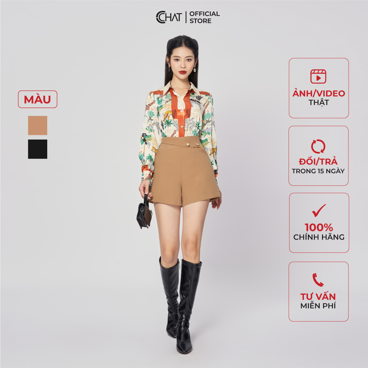 Quần Short Nữ CCHAT Cạp Chéo Khóa Sau Dáng A 13ONS2004AT