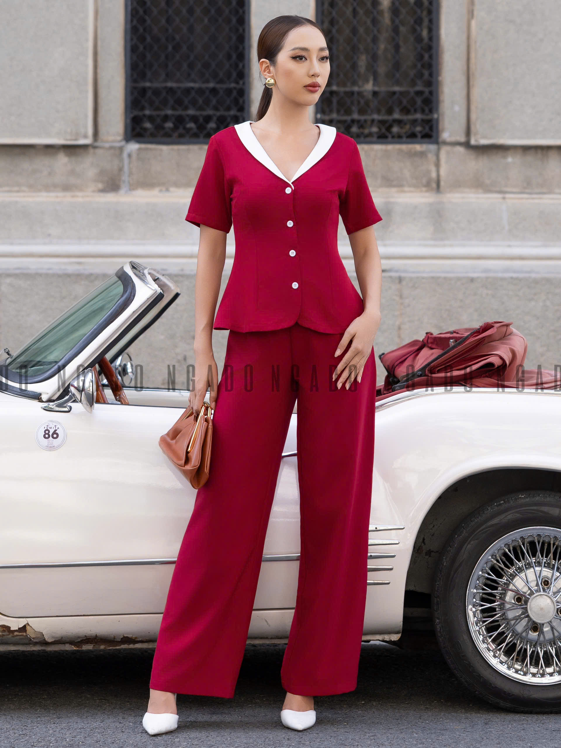 Set áo quần đỏ cổ viền trắng NGADO , set áo quần dài , set áo quần nữ , set công sở , dự tiệc