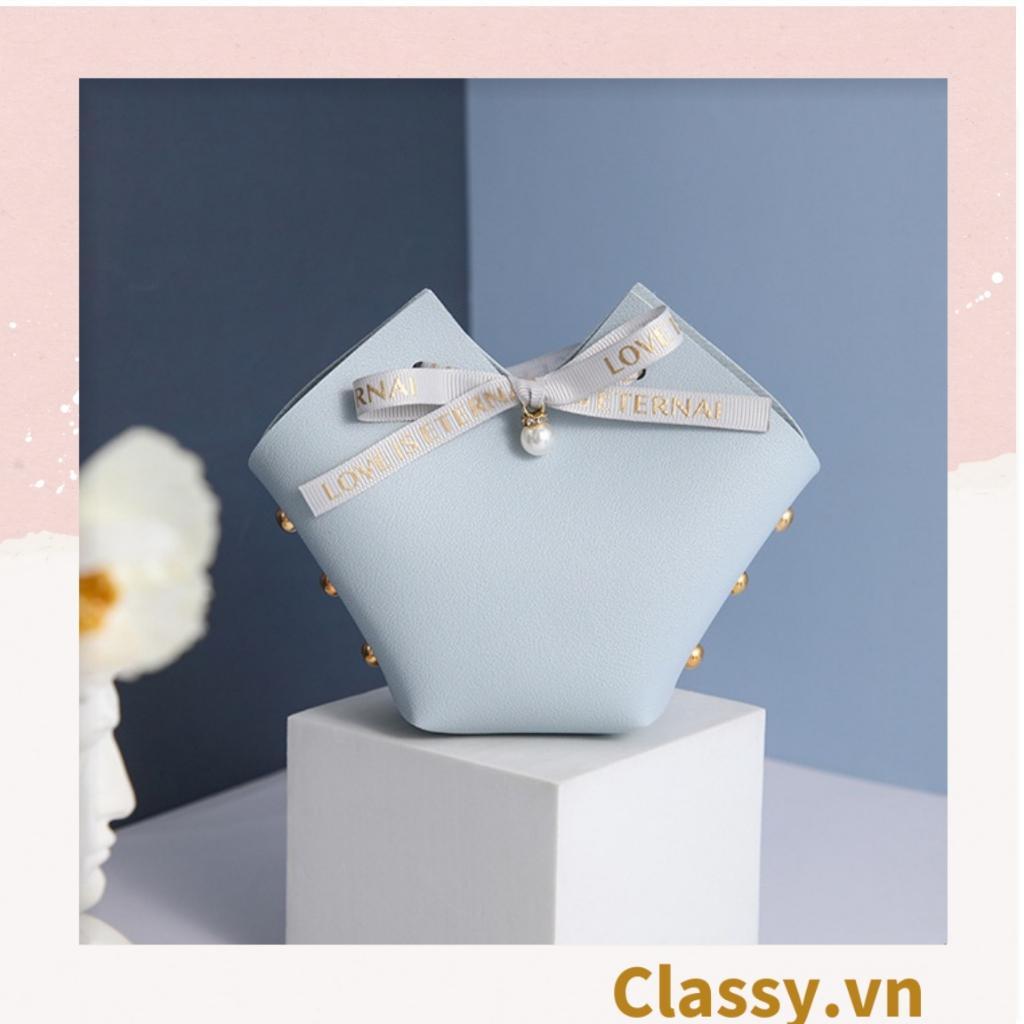 Túi đựng quà tặng hình tứ giác da PU, gắn Ruy băng Classy và đinh tán đựng son môi, nước hoa, kẹo cực sang