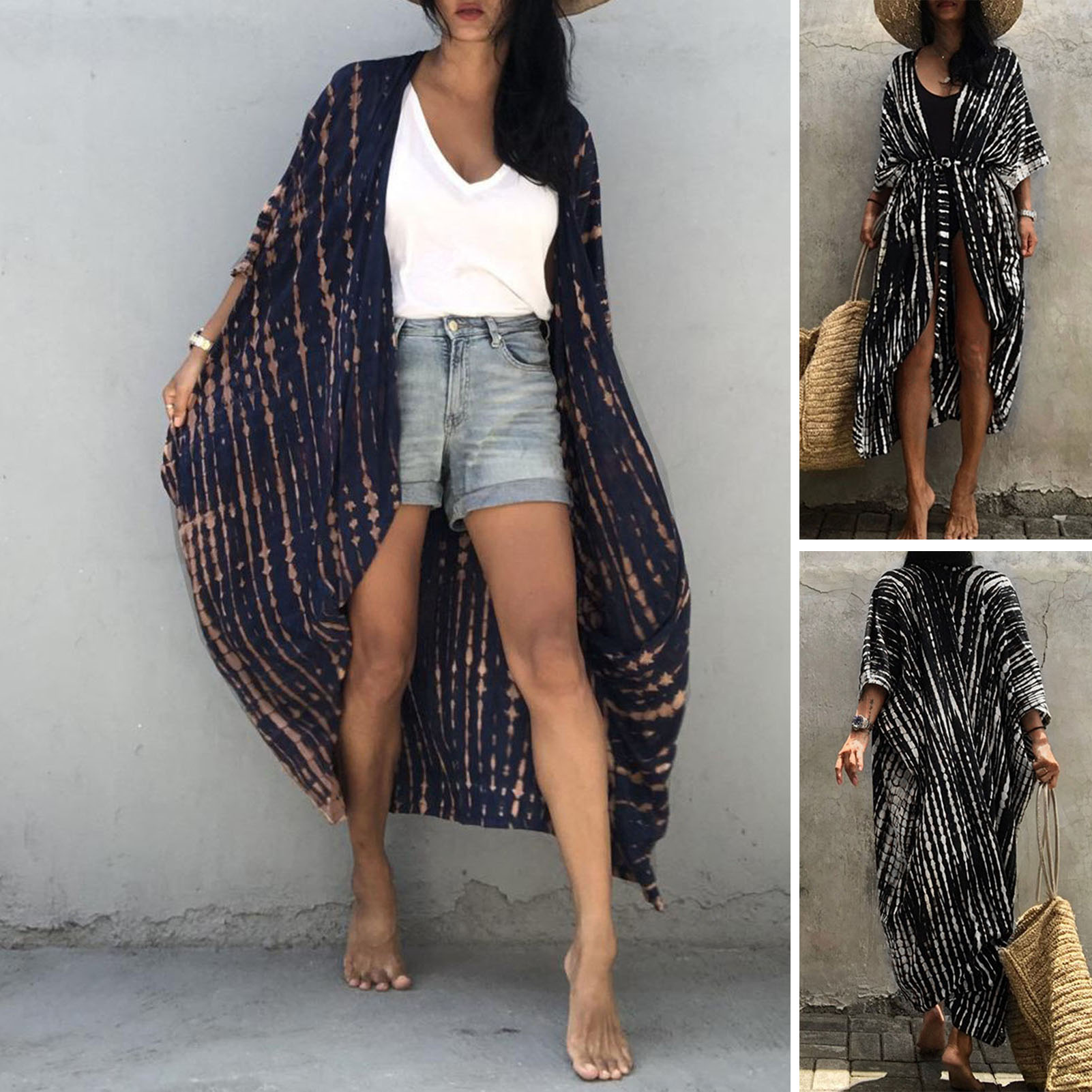 Women Bikini Cover Tie Dyed Striped Self Belted Kimono Cardigan Dress Loose Beach Swimsuit Cover Up
