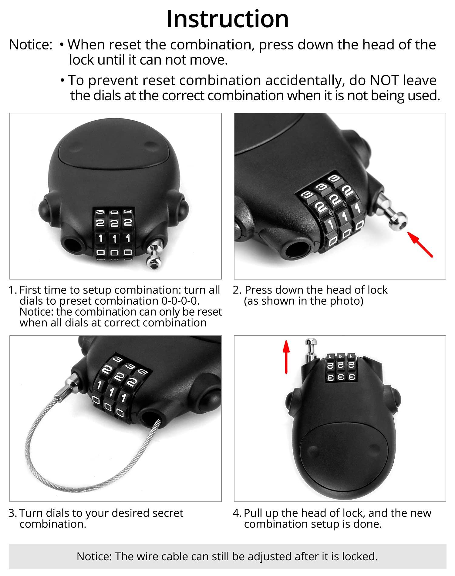 3 Hình với khóa kết hợp, cáp xe đạp, với cáp có thể thu vào 77cm cho xe đạp, xe tay ga, xe máy và xe đẩy