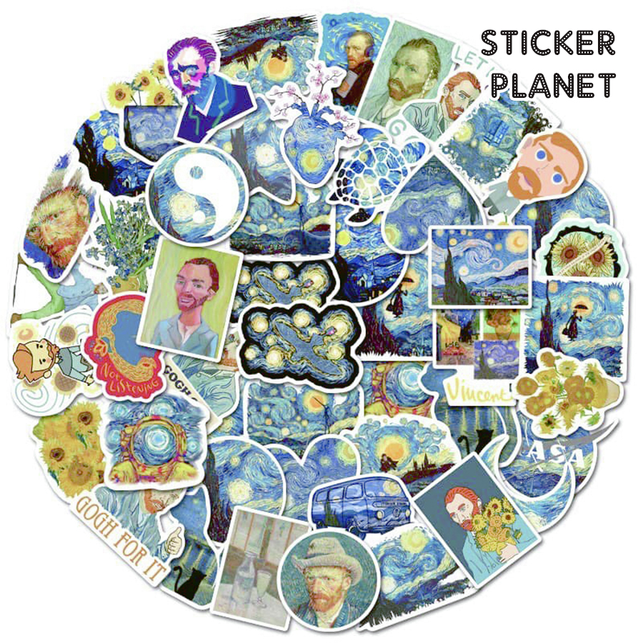 Bộ sticker chủ đề tranh của họa sĩ vangogh chống thấm nước trang trí mũ bảo hiểm, đàn, guitar, ukulele, điện thoại laptop