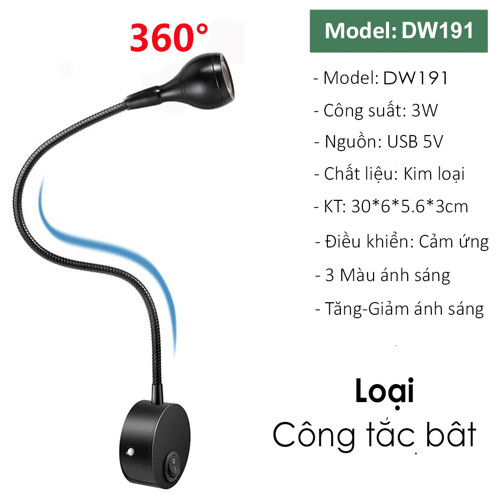 Đèn gắn tường đầu giường, Đèn đọc sách Led 3W, Loại ánh sáng chiếu rọi