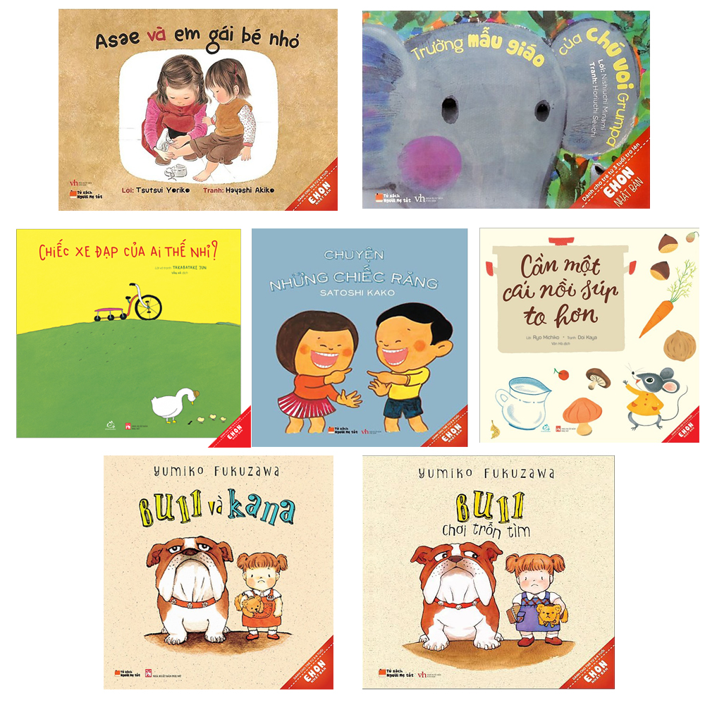 Sách - Combo Ehon 0-6 tuổi 7 cuốn: Bull và Kana/ Bull chơi trốn tìm/ Chuyện những chiếc răng/ Asae và em gái bé nhỏ/ Trường mẫu giáo của chú voi Grumpa/ Cần một cái nồi súp to hơn/ Chiếc xe đạp của ai thế nhỉ