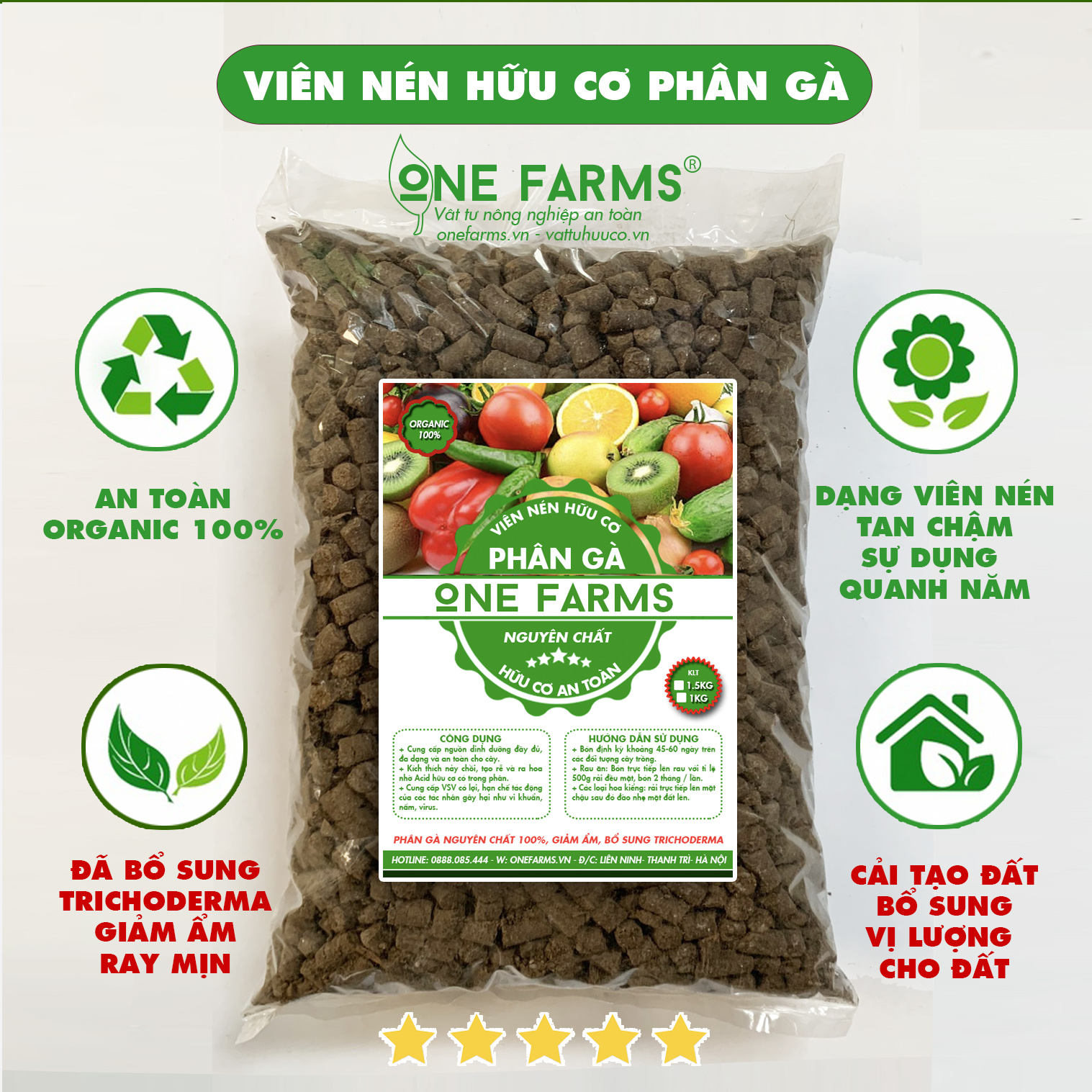 [Mua 5 tặng 1], 500gr phân gà viên nén hữu cơ thích hợp bón cho cây nhiều dinh dưỡng