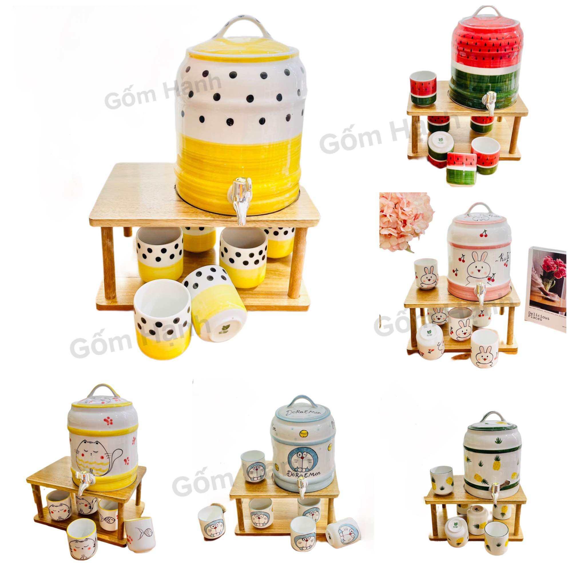 Bộ bình nước uống nước 4l-9l hoa văn dễ thương gốm Bát tràng gồm giá kệ, bình gốm, cốc uống nước