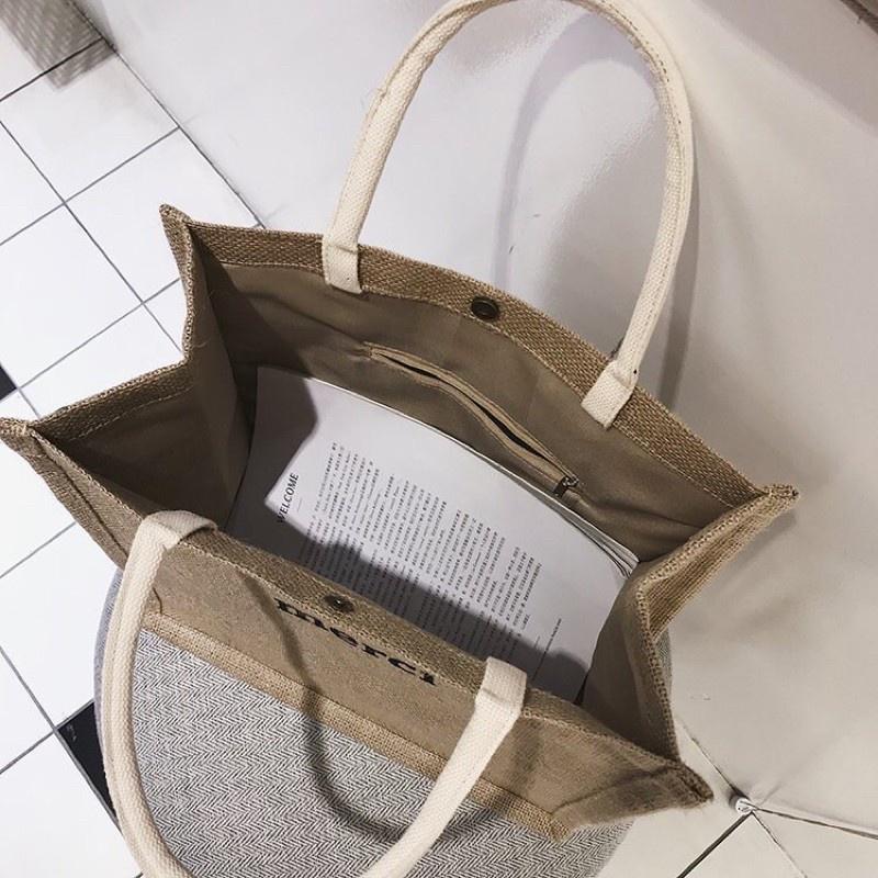 Túi Cói Merci Xách Tay Thời Trang Đi Biển 2 Lớp Quai Vải Phong Cách Vintage