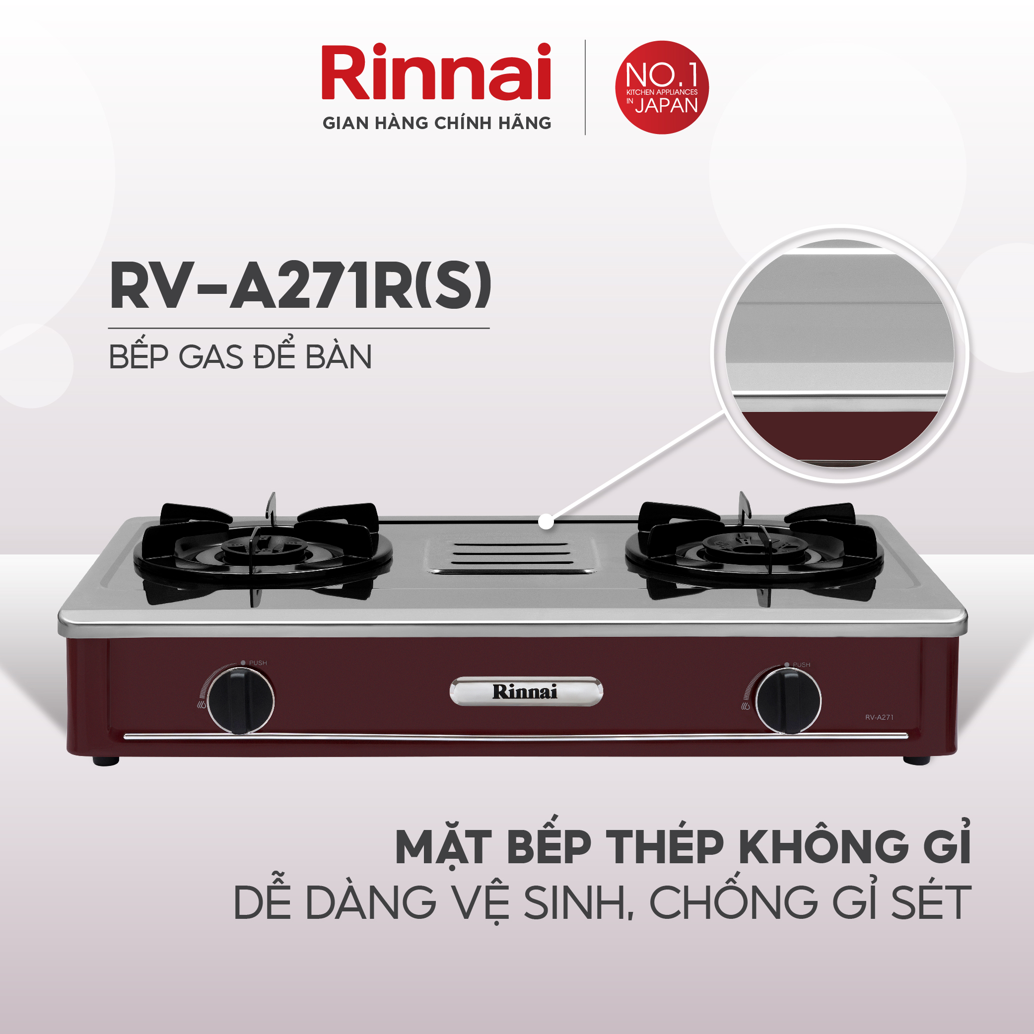 Bếp gas dương Rinnai RV-A271R(S) mặt bếp inox và kiềng bếp men - Hàng chính hãng.