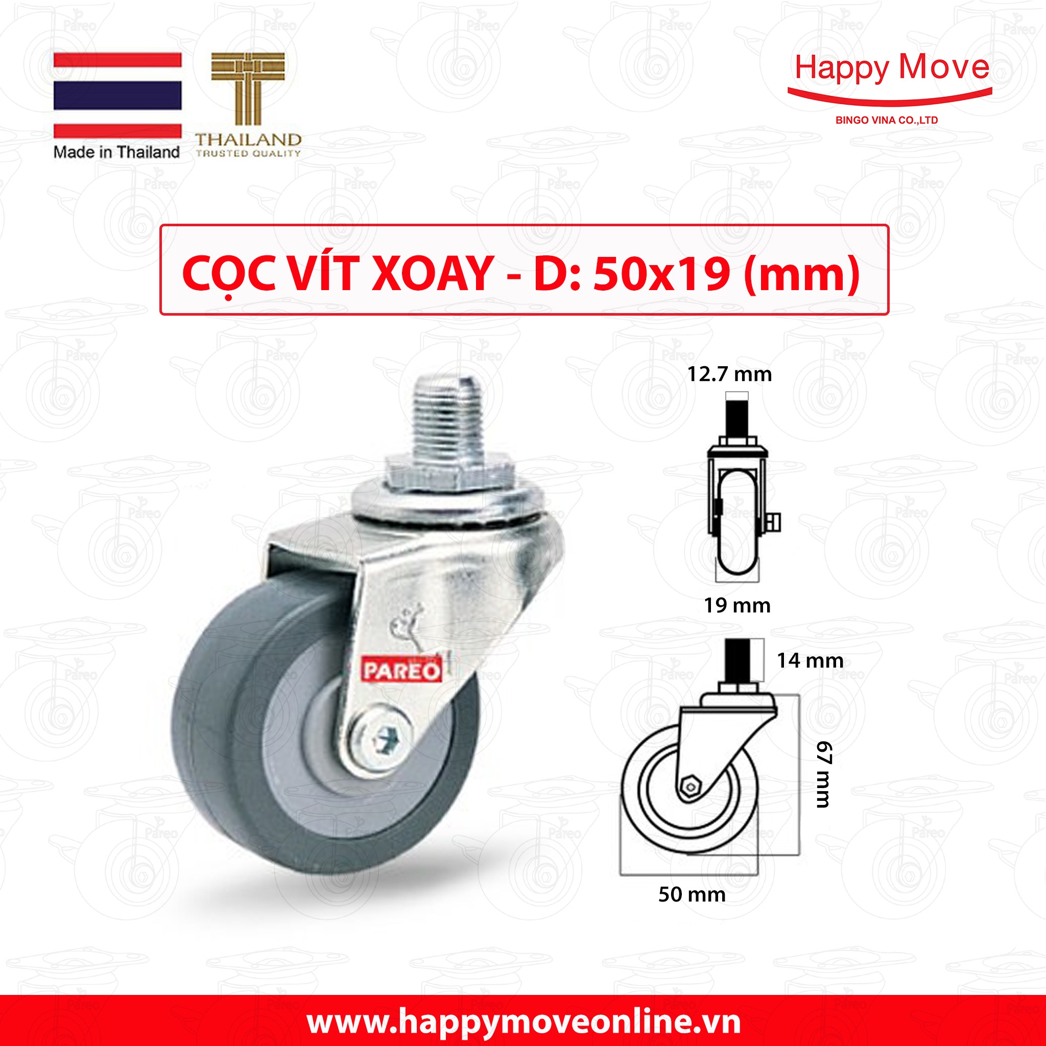 Bánh xe đẩy cao su tổng hợp xám tải nhẹ cọc vít xoay 360 độ - 50-65-75mm - Happy Move Thái Lan