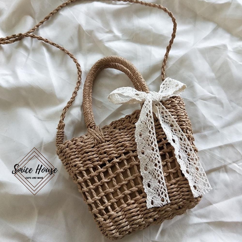 Túi cói đan mini đeo chéo siêu xinh đính nơ ren dùng đi biển chụp hình ngoại cảnh phong cách vintage- Smice House