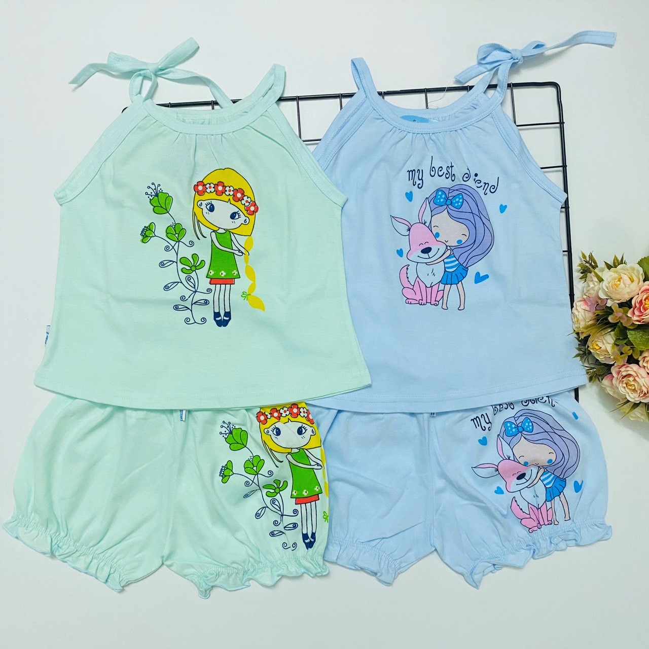 Combo 3 bộ đồ bộ bé gái cotton mùa hè mẫu áo dây, quần nhún màu nhạt siêu xinh J-TomTomBaby