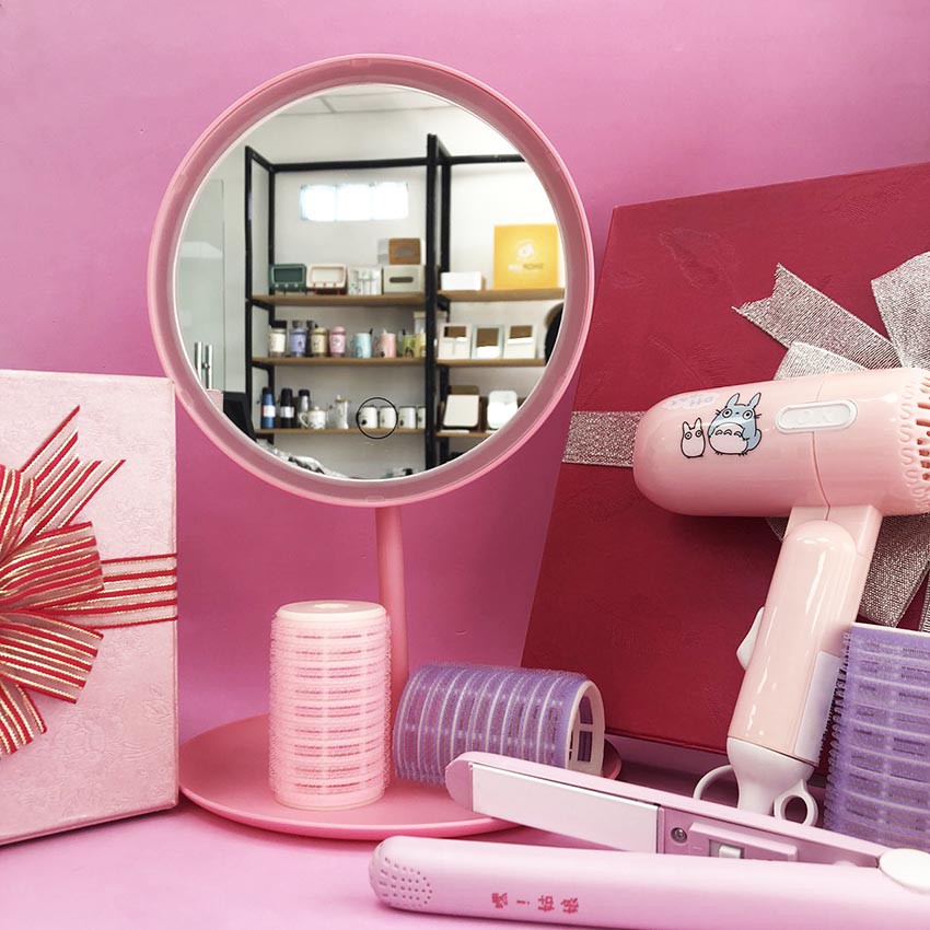 Gương Trang Điểm Để Bàn Có Đèn LED Cao Cấp Bằng Nhựa Hình Tròn Trắng Hồng Pin Bền Sạc Nhanh Tặng Cáp Sạc Giao Màu Ngẫu Nhiên