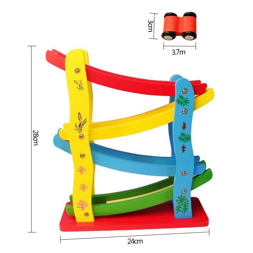 Đồ chơi gỗ cầu trượt 4 tầng kèm xe gỗ đủ màu sắc, thích hợp với các bé 2 3 4 tuổi