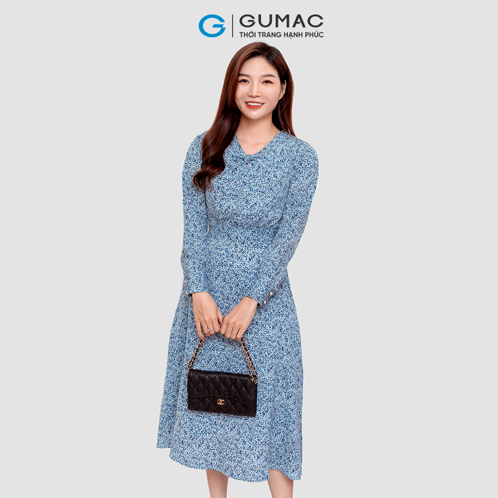 Đầm cổ V khoét nhún thời trang GUMAC DC12064