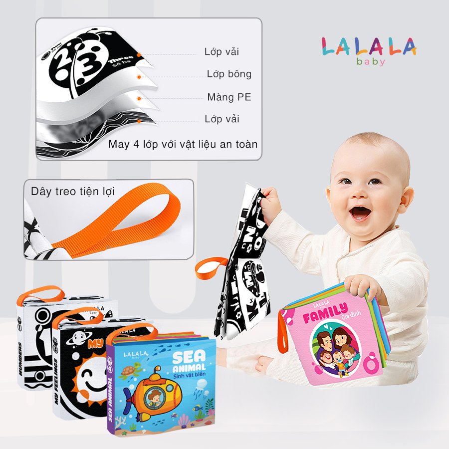 Sách vải kích thích thị giác cho bé sơ sinh 0 đến 12 tháng - Hiệu Lalala Baby - 8 trang kích thước 12x11 cm