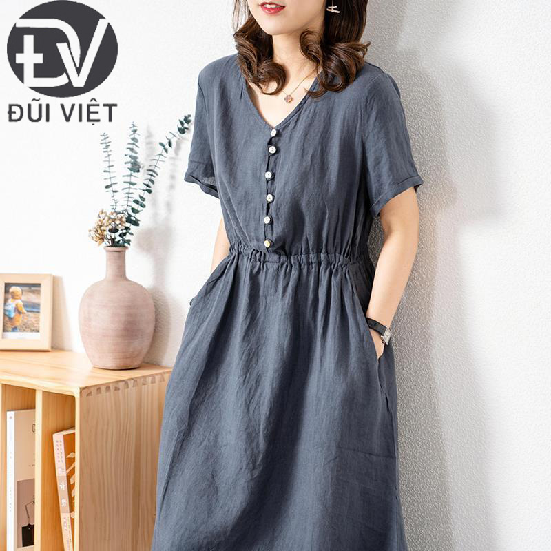 Váy sơ mi cổ V dáng suông dài basic kiểu Hàn Quốc, Đầm linen hè nữ thời trang Đũi Việt DV173