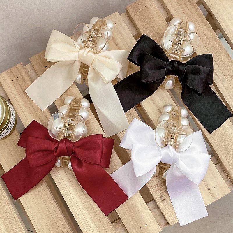 Kẹp gấp lớn phối ngọc và nơ chất ruy băng sang trọng loại 1 - Nunam shop