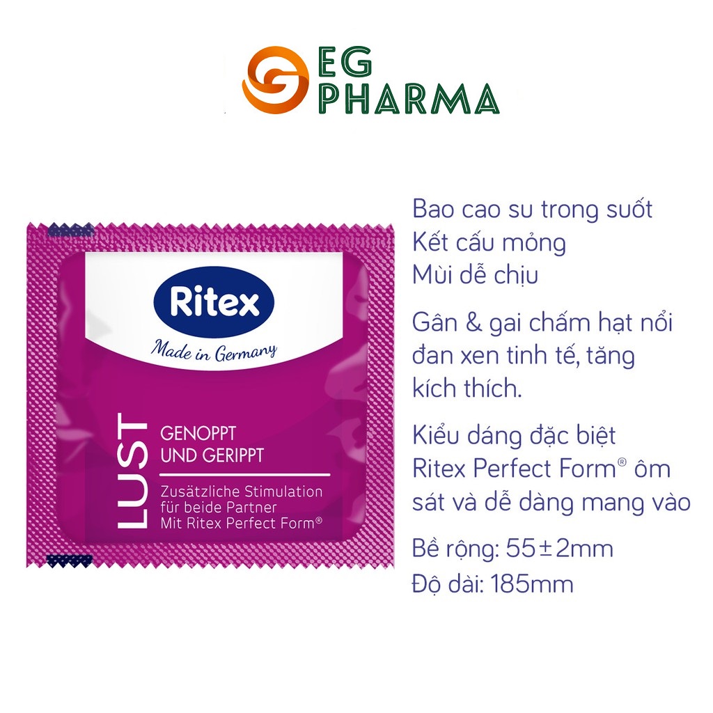 Bao cao su Ritex Lust gân &amp; gai - Hộp 8 chiếc- RL002