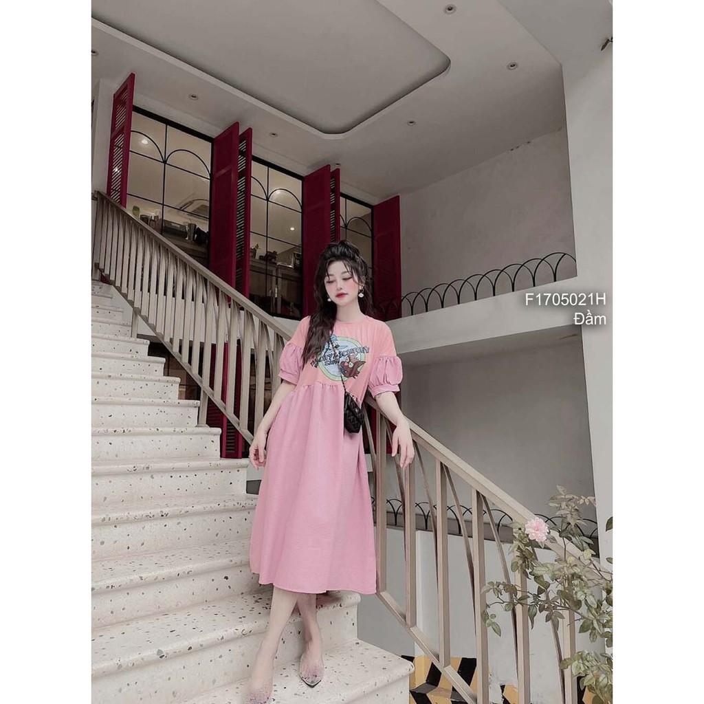 Đầm phối màu dáng suông ngực in hình chữ cổ tròn tay bồng!