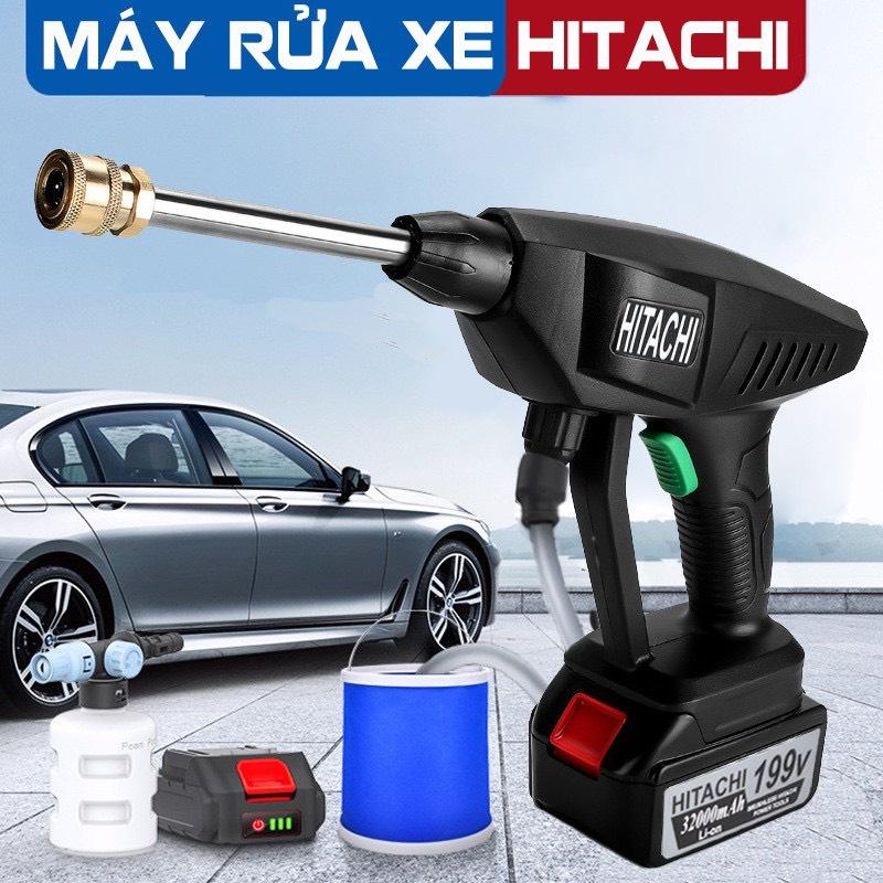 Máy rửa xe chạy pin hitachi 199v,tặng kèm bình tạo bọt