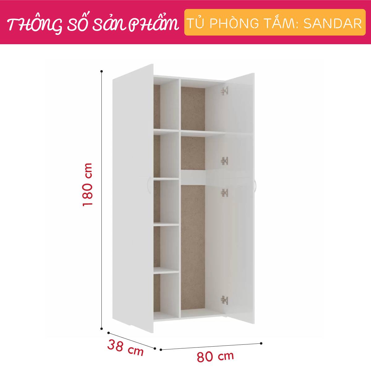 Tủ phòng tắm gỗ hiện đại SMLIFE Sandar | Gỗ MDF dày 17mm chống ẩm | D80xR38xC180cm