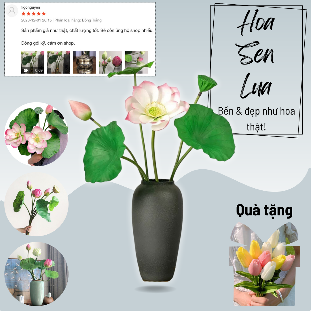 Cành hoa sen cao cấp 2 bông 1 nụ kèm lá tuyệt đẹp -Hoa giả trang trí phòng khách