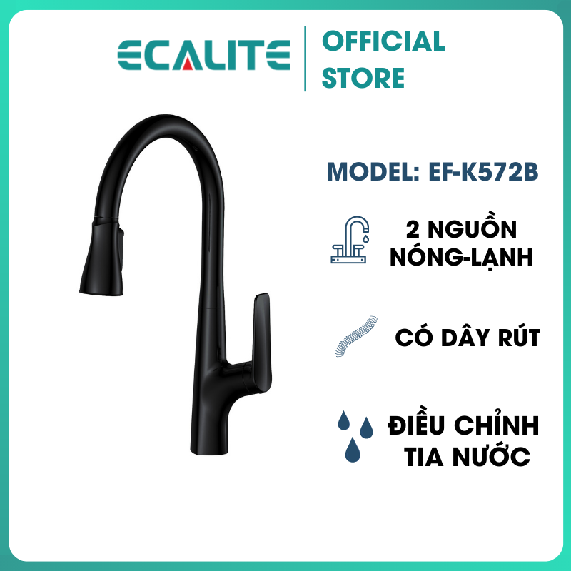 Vòi Rửa chén Nóng Lạnh Ecalite EF-K572B - Có Dây Rút - Điều Chỉnh Tia Nước - Đồng Thau Sơn Đen Cực Đẹp - Hàng Chính Hãng